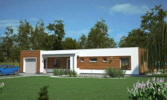 L-shaped house with a flat roof.